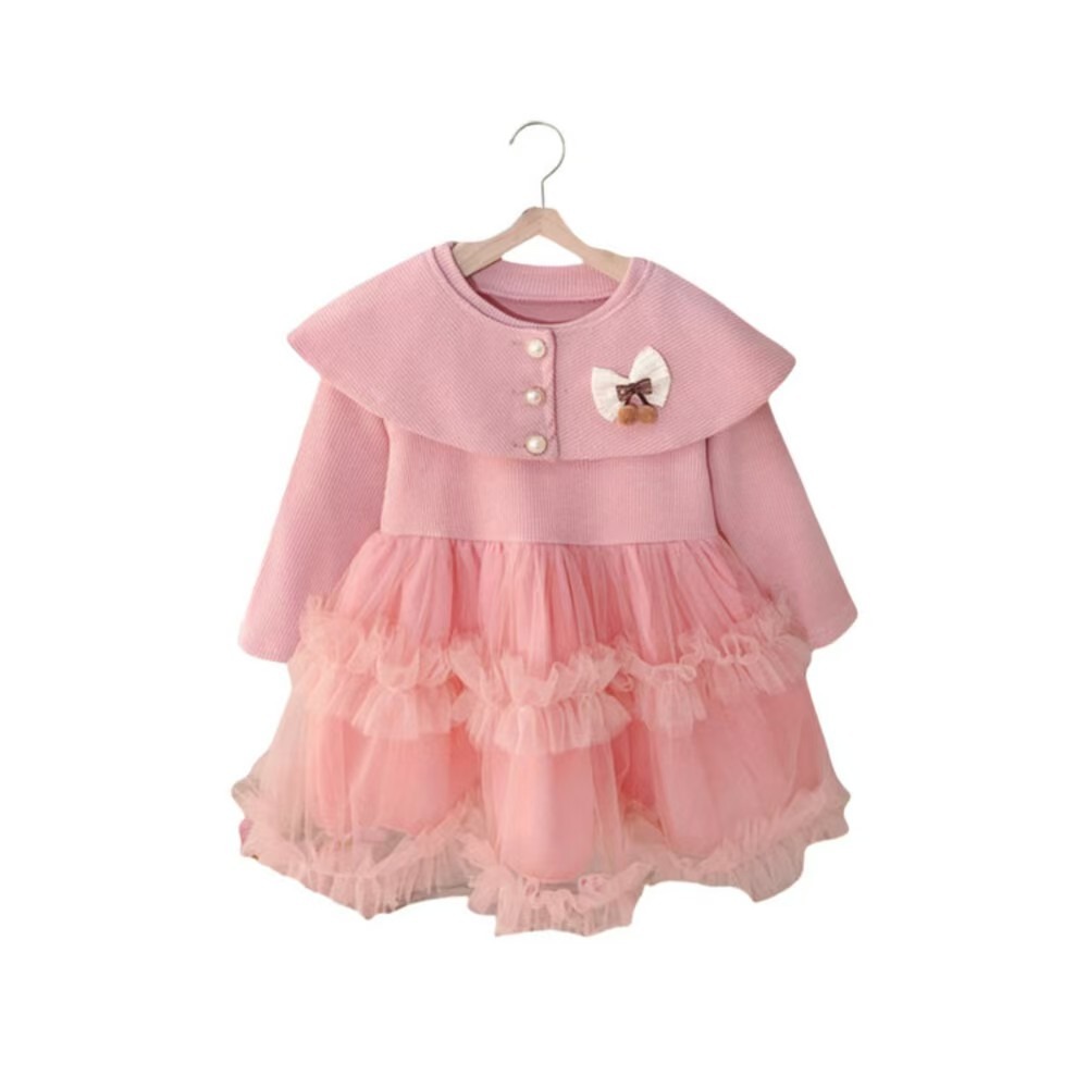 女嬰童網纱拼接長袖蝴蝶结公主連衣裙-規格圖8