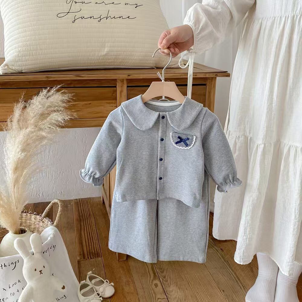 婴幼童蝴蝶结装飾外套+松緊腰舒適裤子套裝-細節圖3