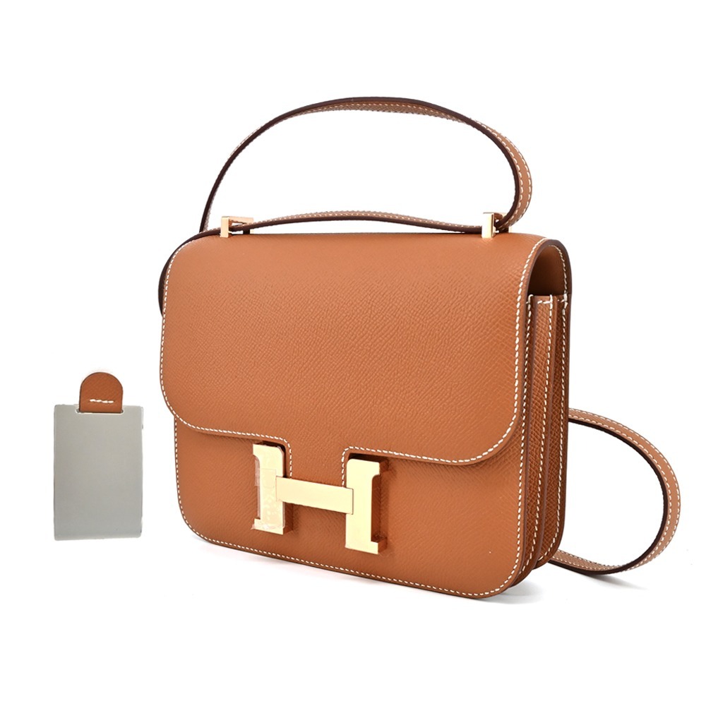 HERMES Constance 18cm Epsom B刻 牛皮新款附鏡斜背包(37 駝金/玫瑰金釦)-細節圖2