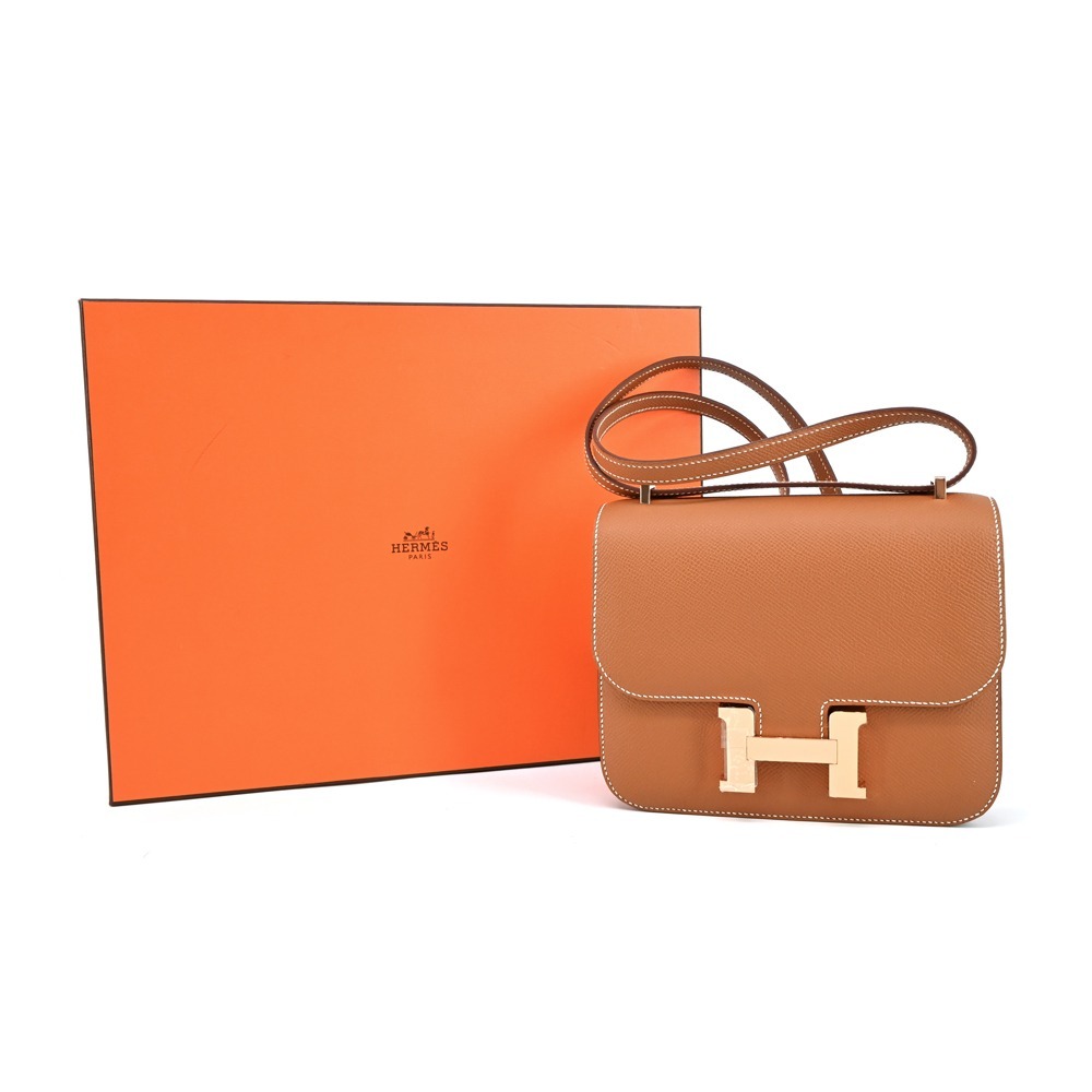 HERMES Constance 18cm Epsom B刻 牛皮新款附鏡斜背包(37 駝金/玫瑰金釦)-細節圖5