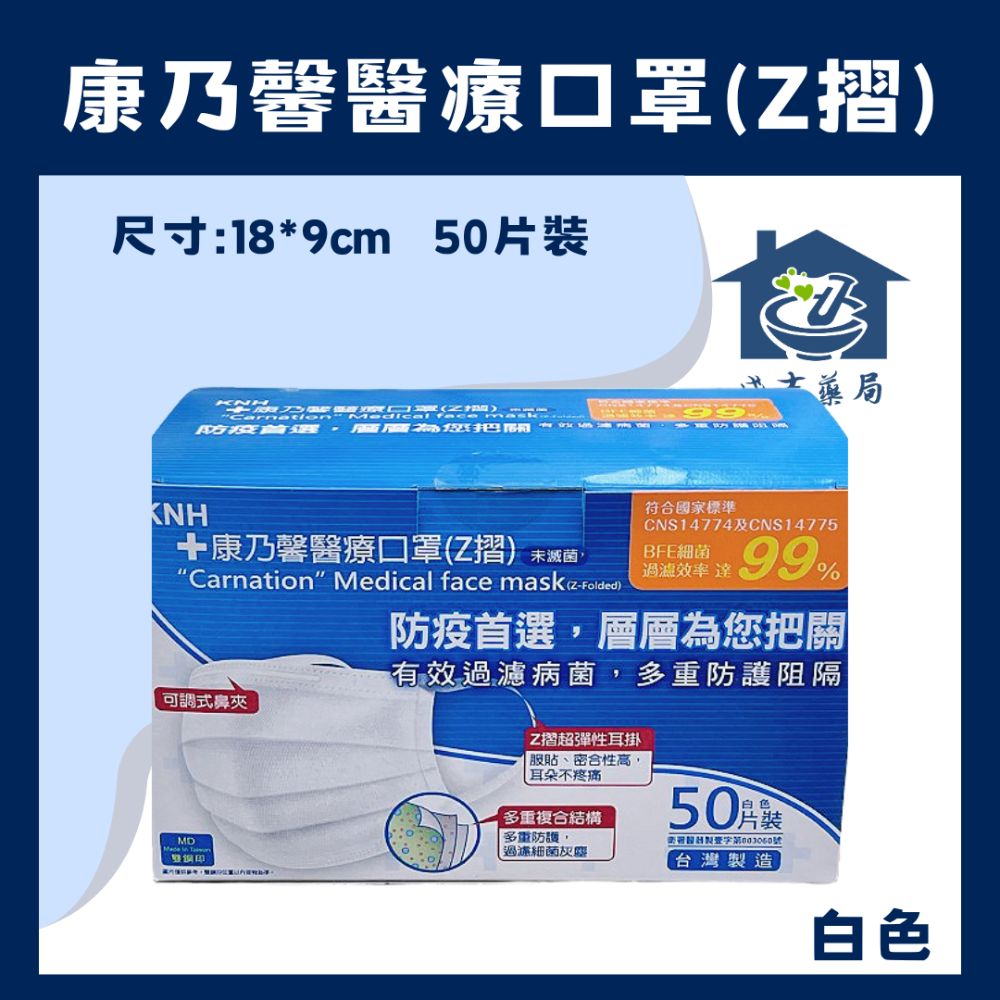 【成吉藥局】KNH 康那香 康乃馨醫療口罩 成人Z摺口罩 雙鋼印醫用口罩 19公分口罩-細節圖3