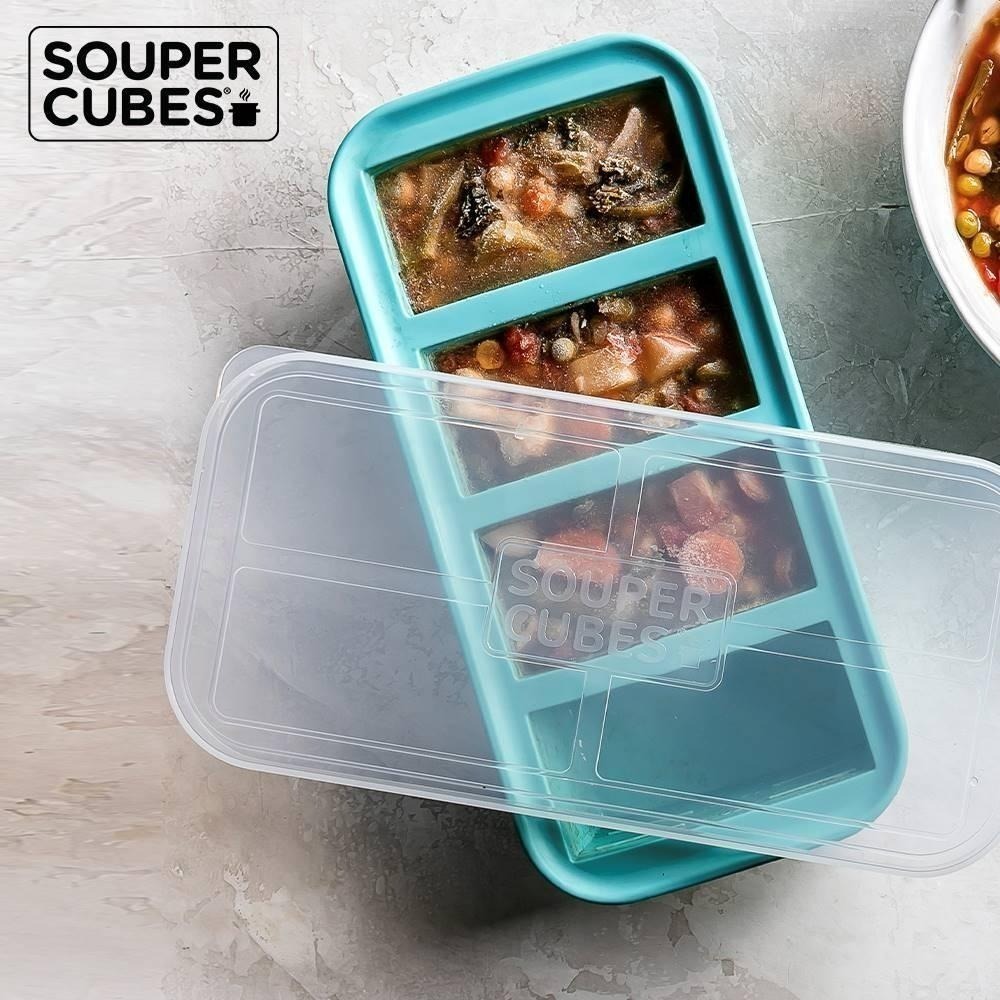 官方直營【Souper Cubes】多功能食品級矽膠保鮮盒_湖水綠2件組(2格+4格)-細節圖5