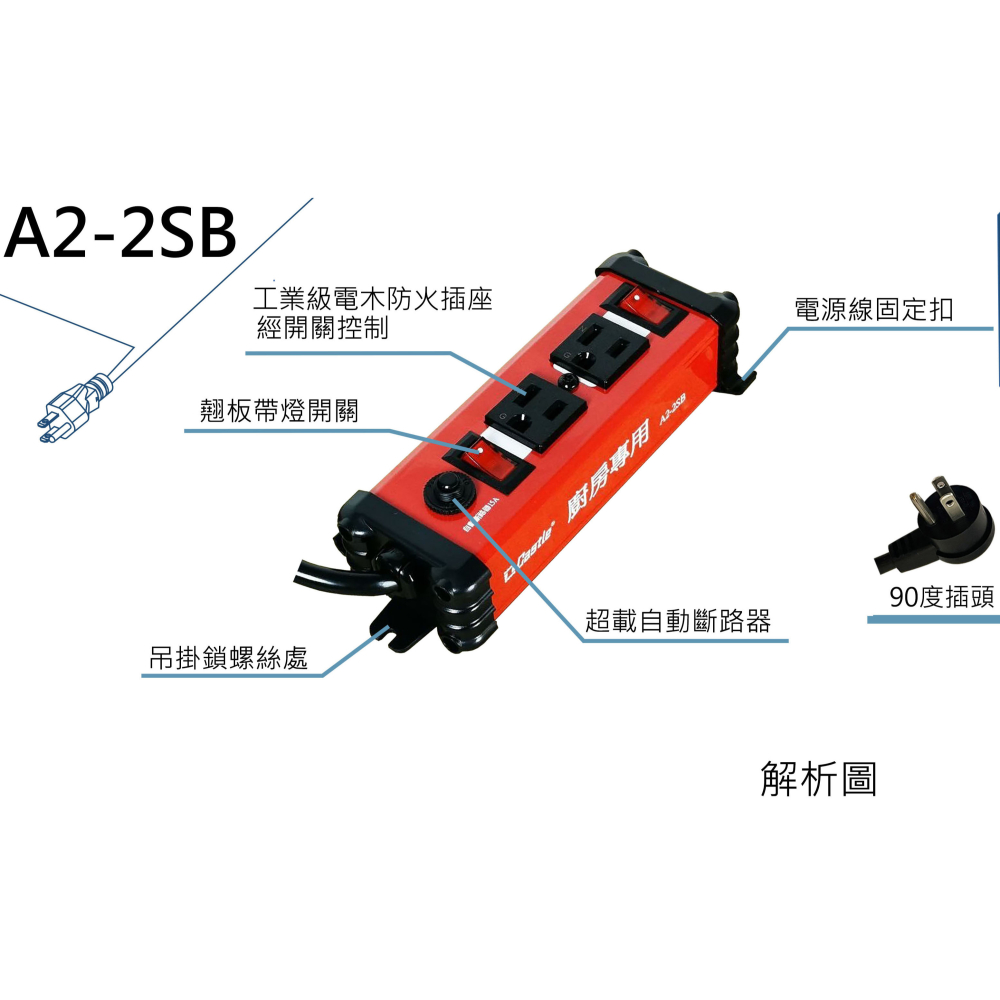 蓋世特 A2-2SB 3孔2座 廚房專用 插頭90度 鋁合金電源突波保護插座 延長線 紅色-細節圖6