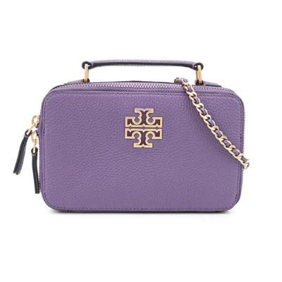 TORY BURCH 雙T-LOGO素面皮革手提兩用鍊包-紫