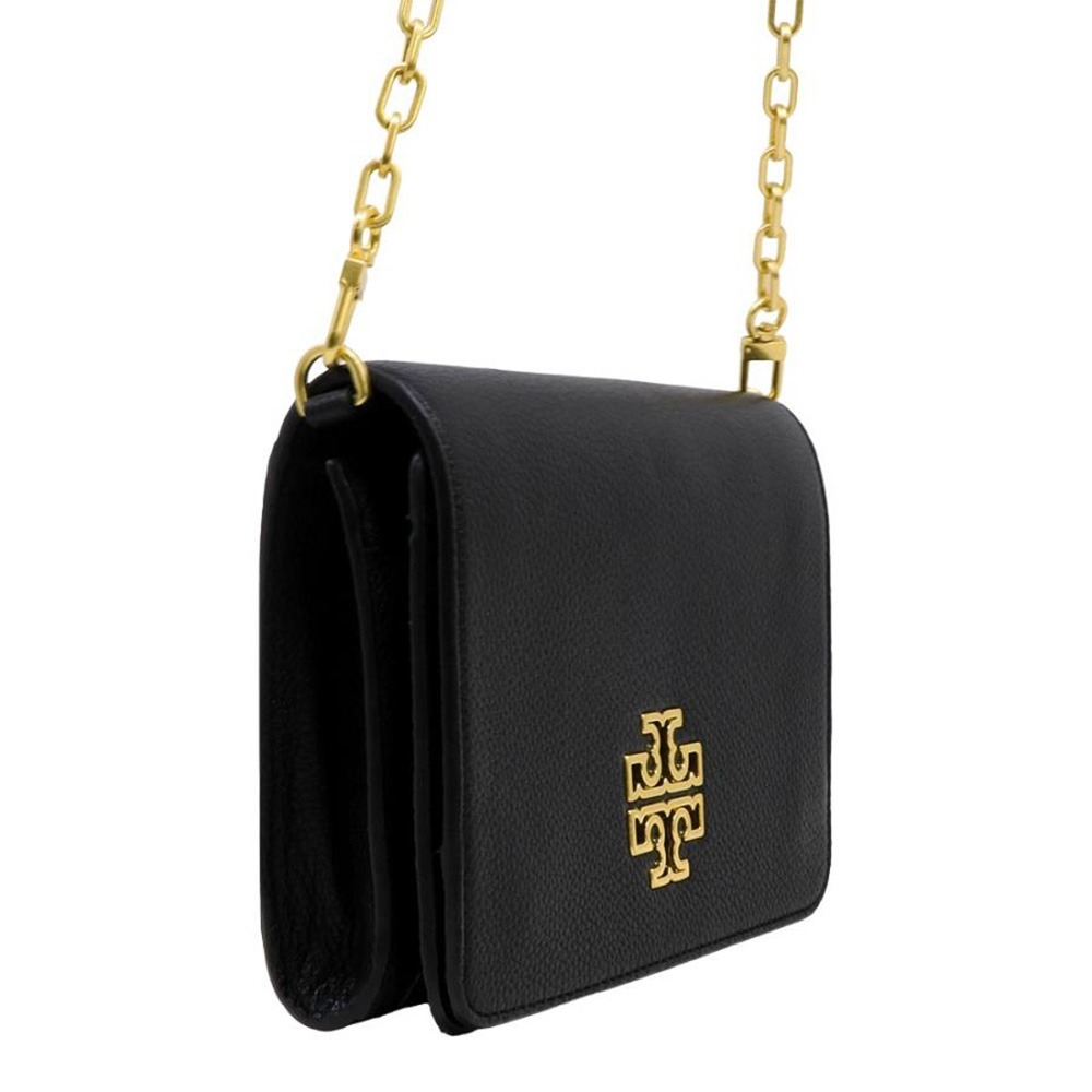 TORY BURCH 素面皮革翻蓋斜背包-黑色-細節圖2