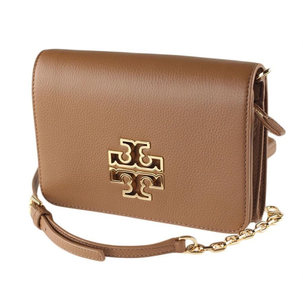 【TORY BURCH】雙T LOGO皮革鏈帶斜背包-焦糖色-細節圖2