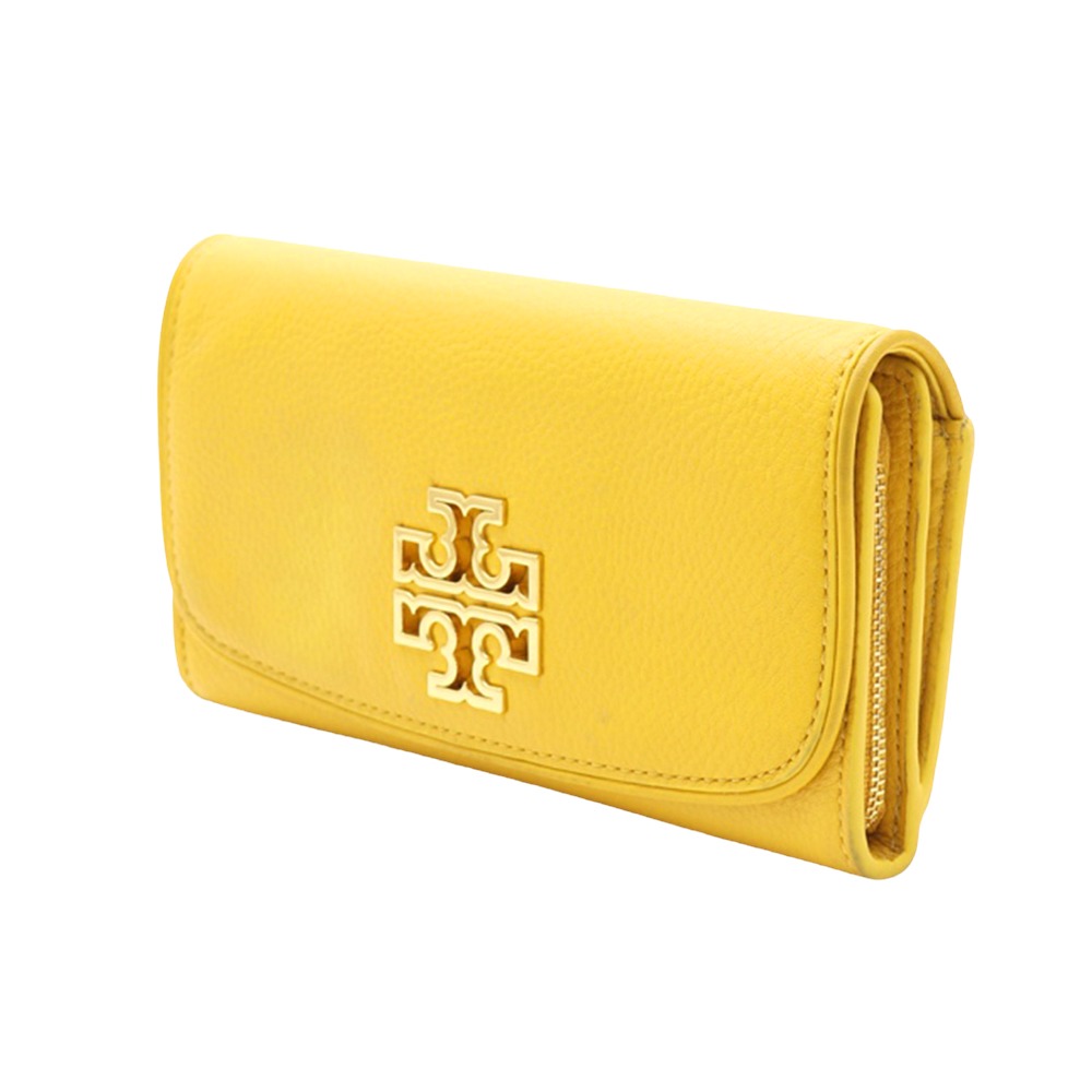 【TORY BURCH】雙T LOGO皮革翻蓋長夾-黃-細節圖2