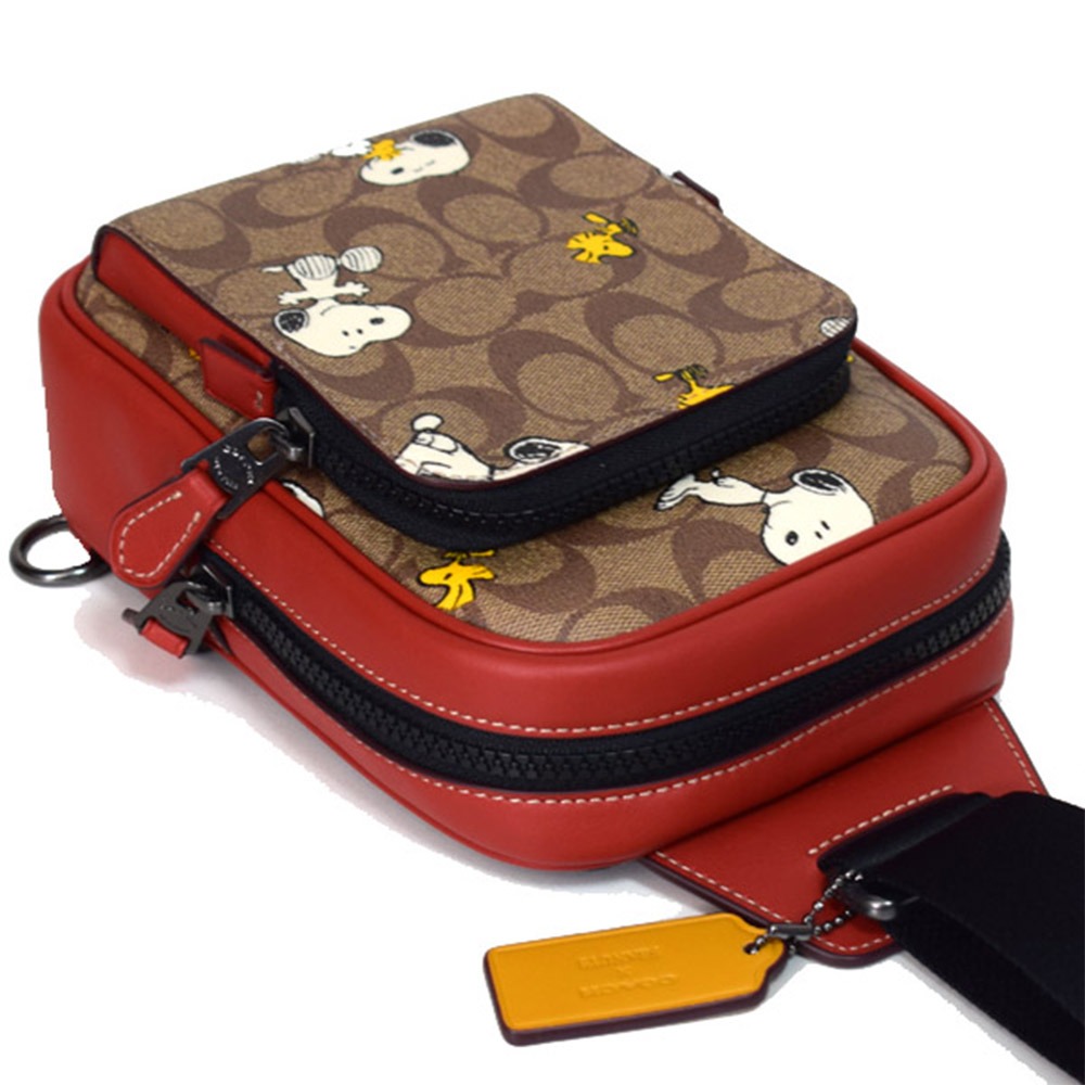 【COACH】史奴比聯名拼接皮革單肩包-卡其紅駝-細節圖2