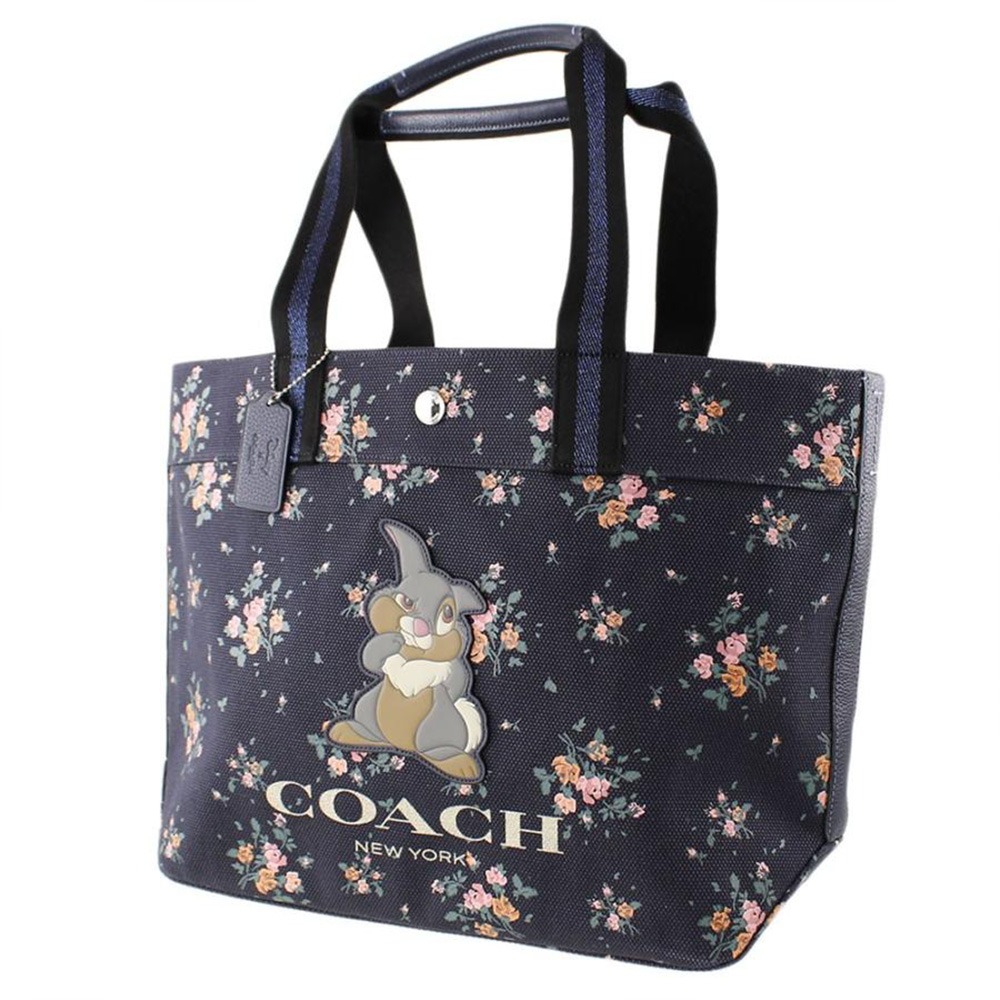 【COACH】桑妮兔聯名帆布托特包-黑底花朵-細節圖2