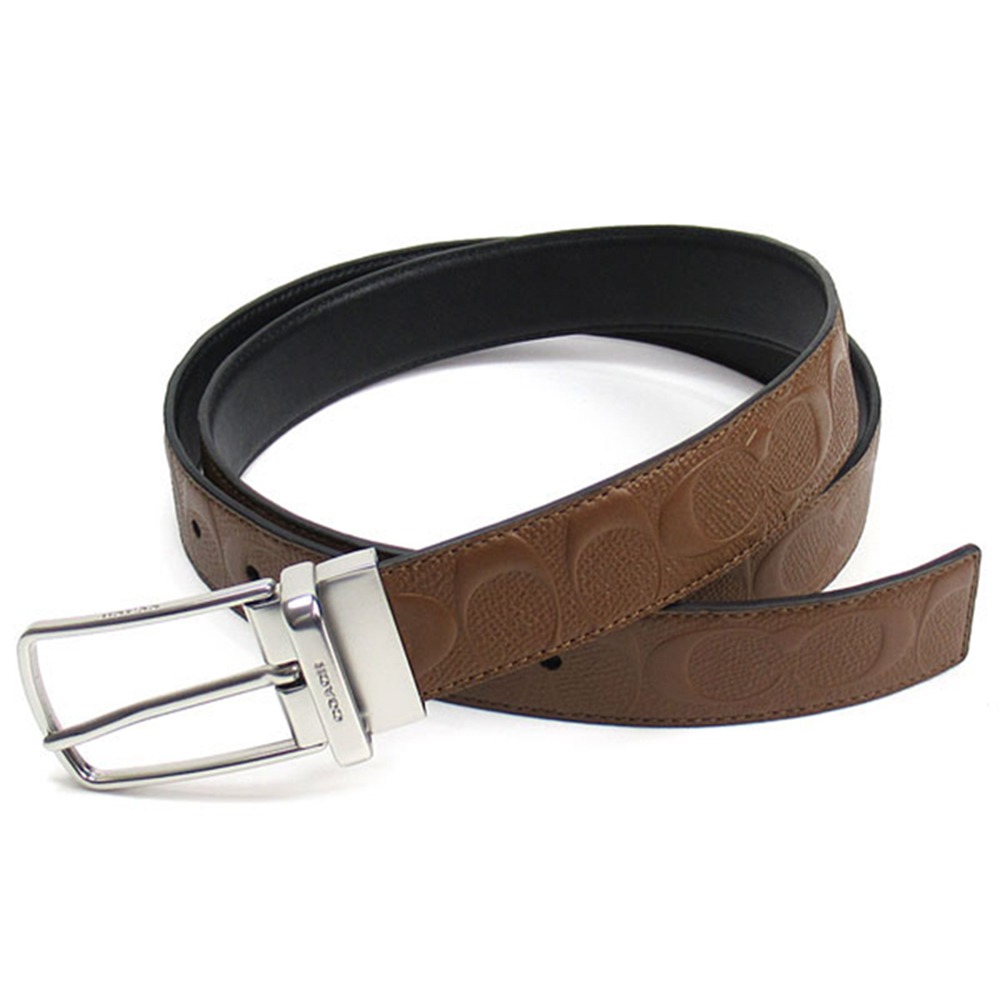 【COACH】浮雕LOGO皮革雙面皮帶-駝-細節圖2