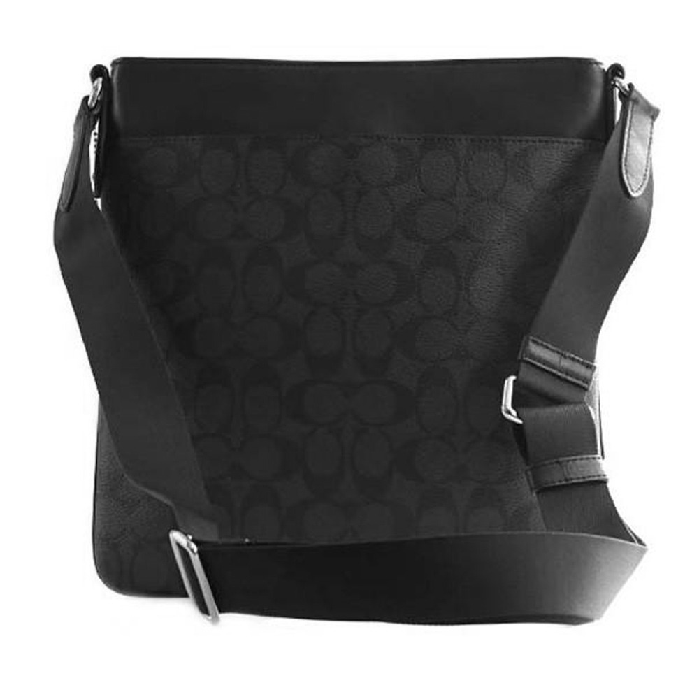 【COACH】滿版LOGO拼接皮革斜背包-黑灰-細節圖2