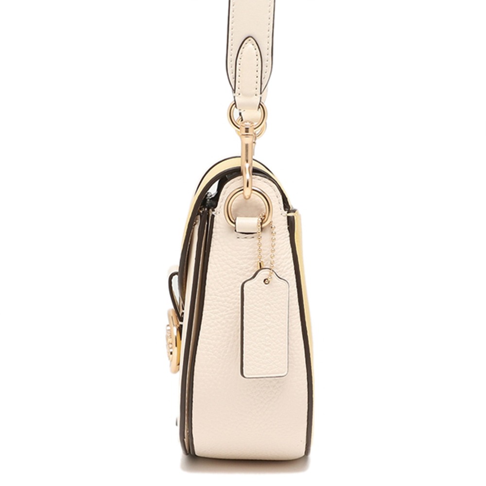 【COACH】撞色皮革翻蓋馬鞍包-黃白-細節圖2