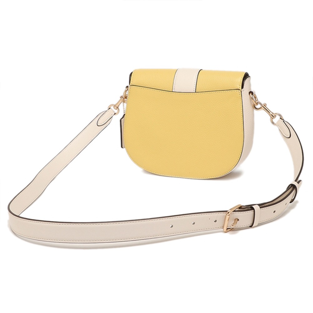 【COACH】撞色皮革翻蓋馬鞍包-黃白-細節圖3