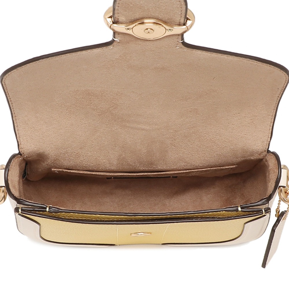 【COACH】撞色皮革翻蓋馬鞍包-黃白-細節圖4