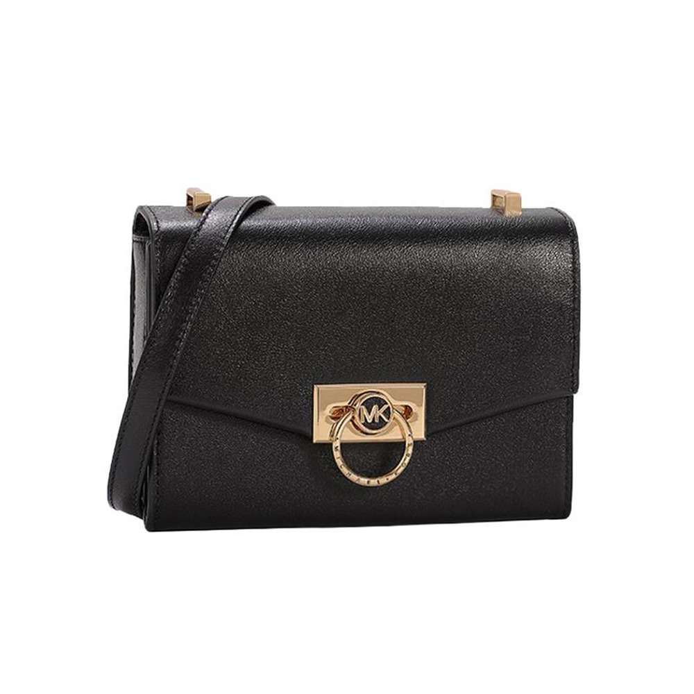 【MICHAEL KORS】質感皮革翻蓋斜背包-黑-細節圖2