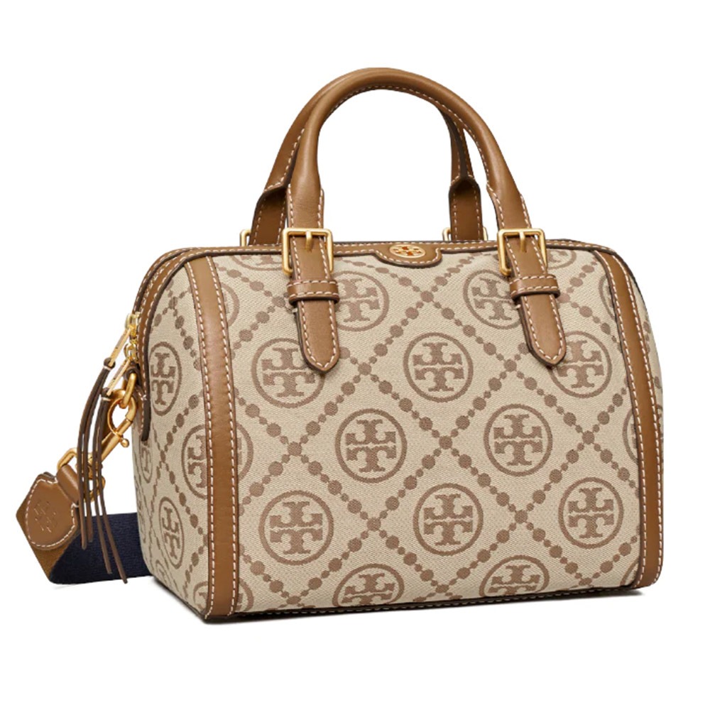 【TORY BURCH】織布拼接皮革波士頓包-卡其-細節圖2