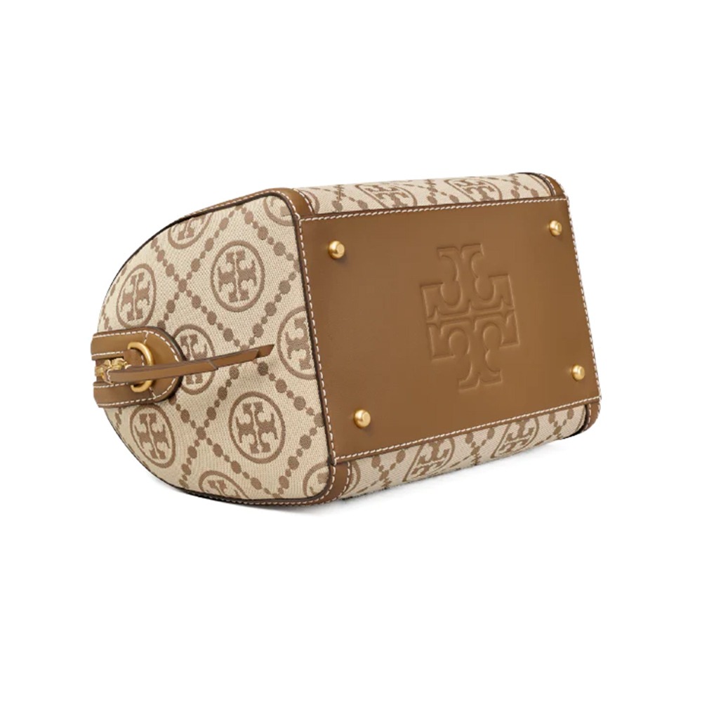 【TORY BURCH】織布拼接皮革波士頓包-卡其-細節圖3