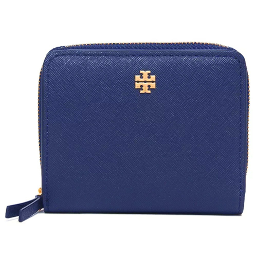 【Tory burch】素面荔枝紋皮革短夾-海軍藍