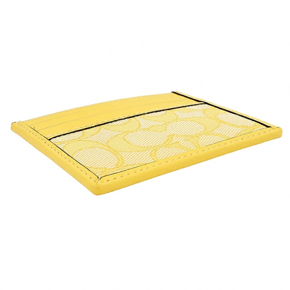 【COACH】滿版LOGO織布拼接皮革票卡夾-黃色-細節圖2