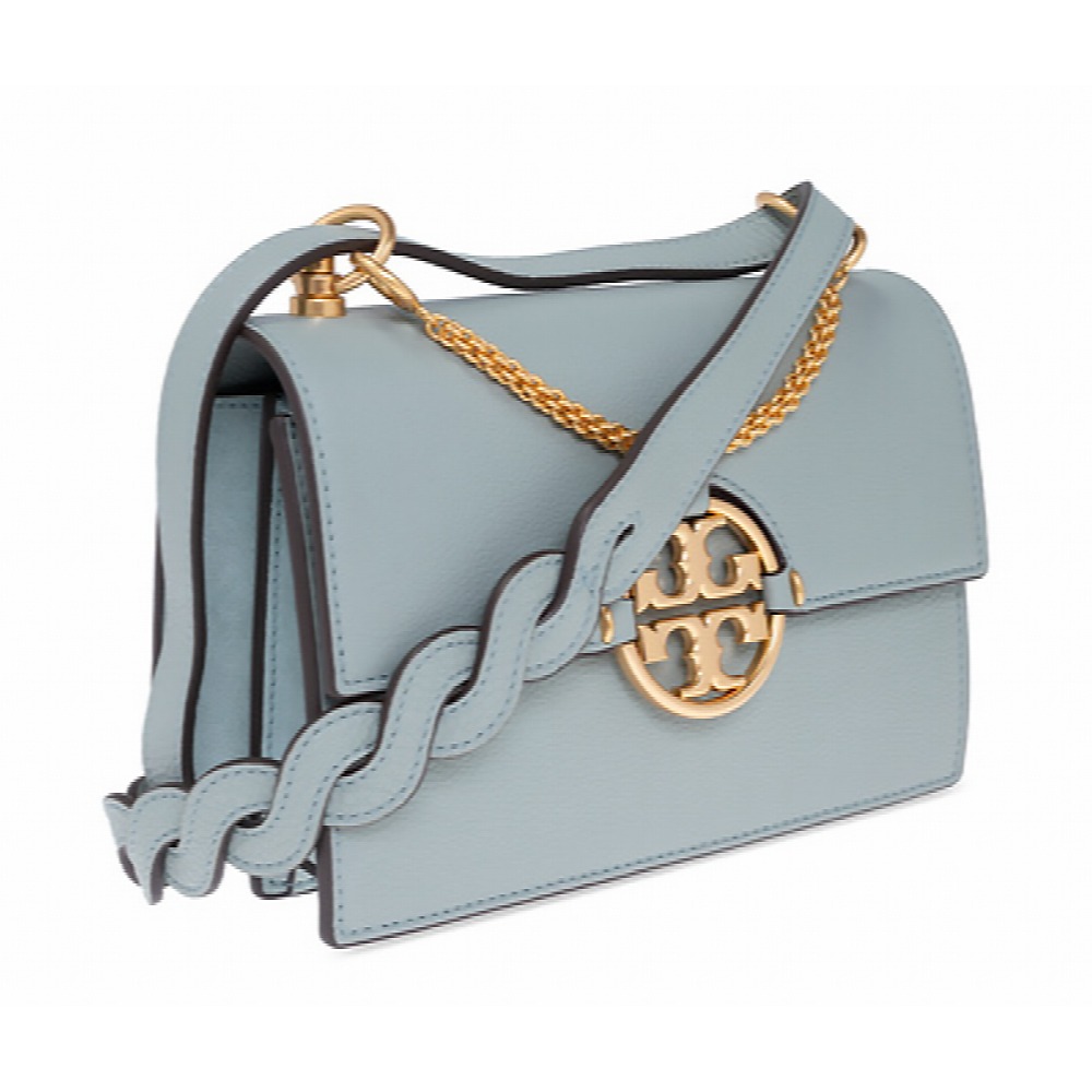 【TORY BURCH 】 雙T-LOGO皮革翻蓋肩背包-淺藍-細節圖2