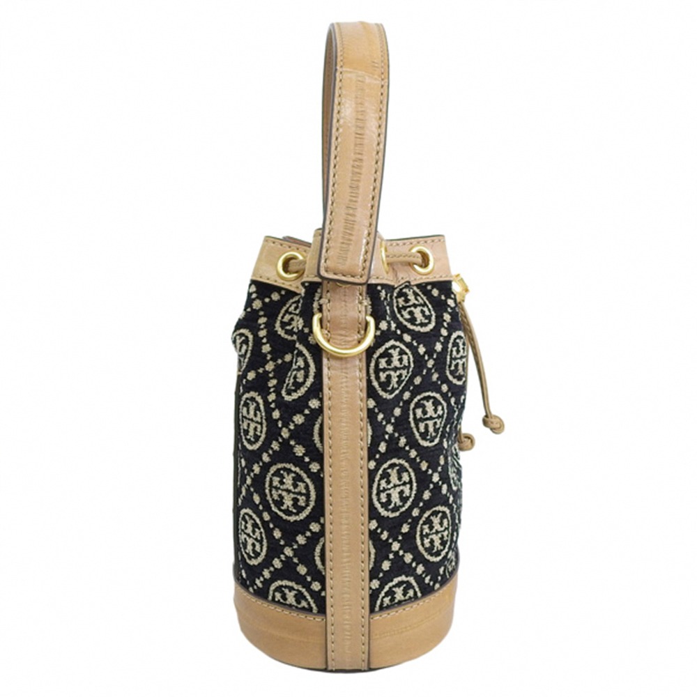 【TORY BURCH 】 緹花拼接皮革水桶包-黑色-細節圖2