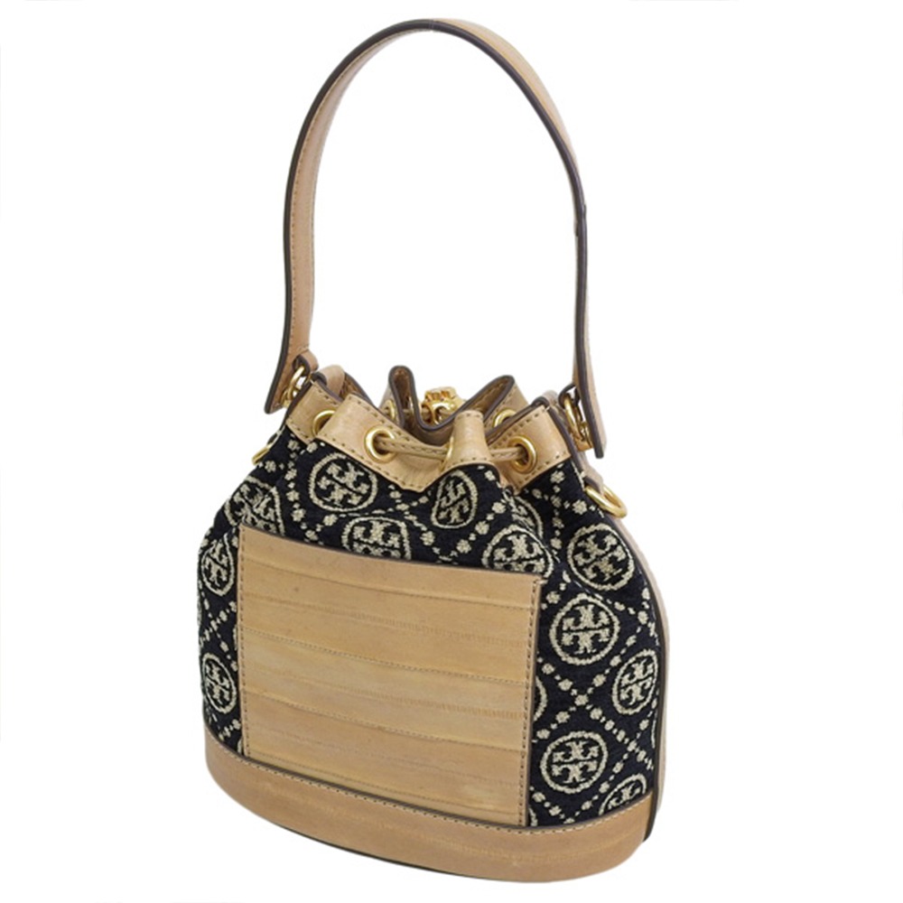 【TORY BURCH 】 緹花拼接皮革水桶包-黑色-細節圖3