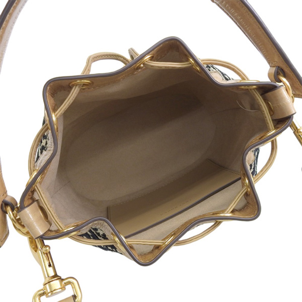 【TORY BURCH 】 緹花拼接皮革水桶包-黑色-細節圖4