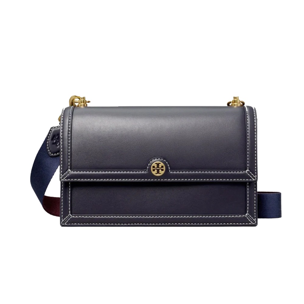 【TORY BURCH 】 素面翻蓋皮革斜背包-午夜藍-細節圖2