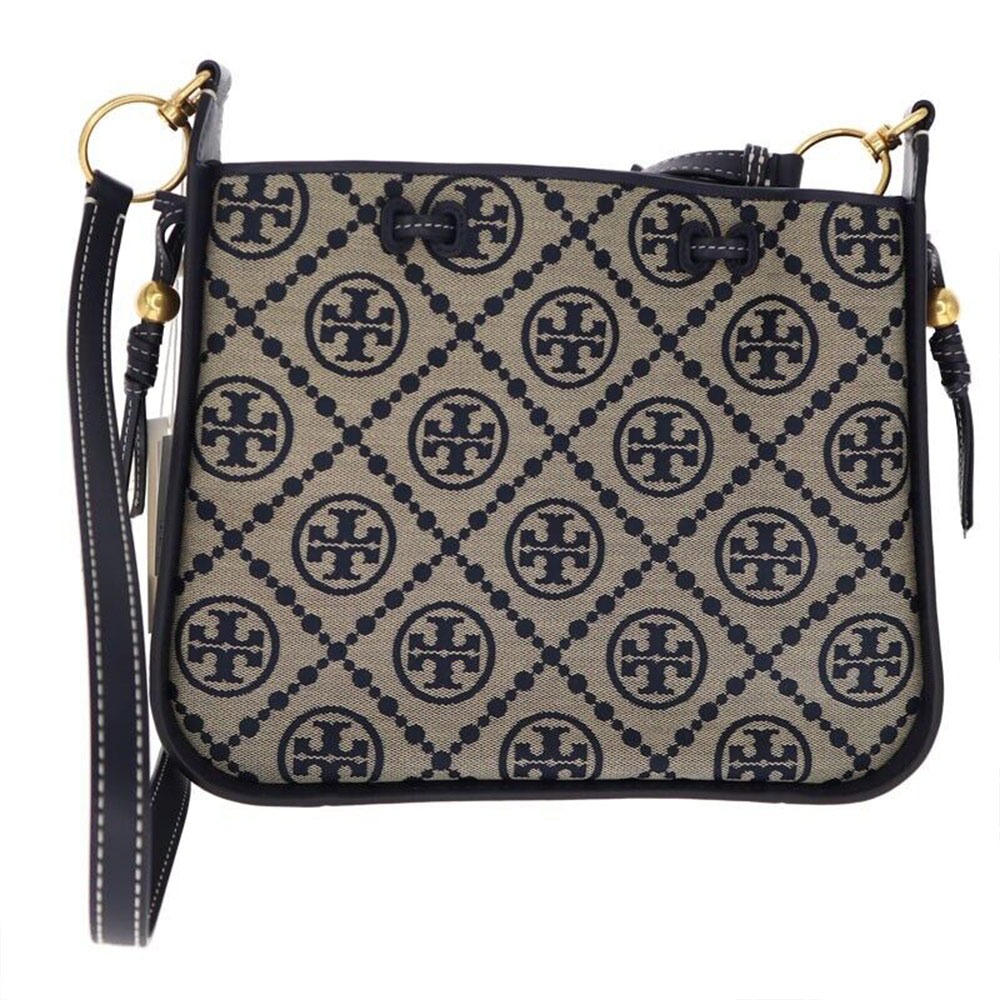 【TORY BURCH 】 緹花拼接皮革斜背包-深藍色-細節圖2