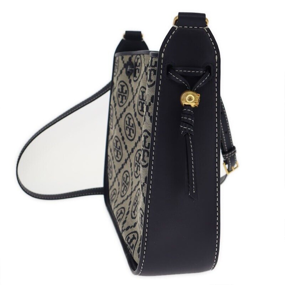 【TORY BURCH 】 緹花拼接皮革斜背包-深藍色-細節圖3