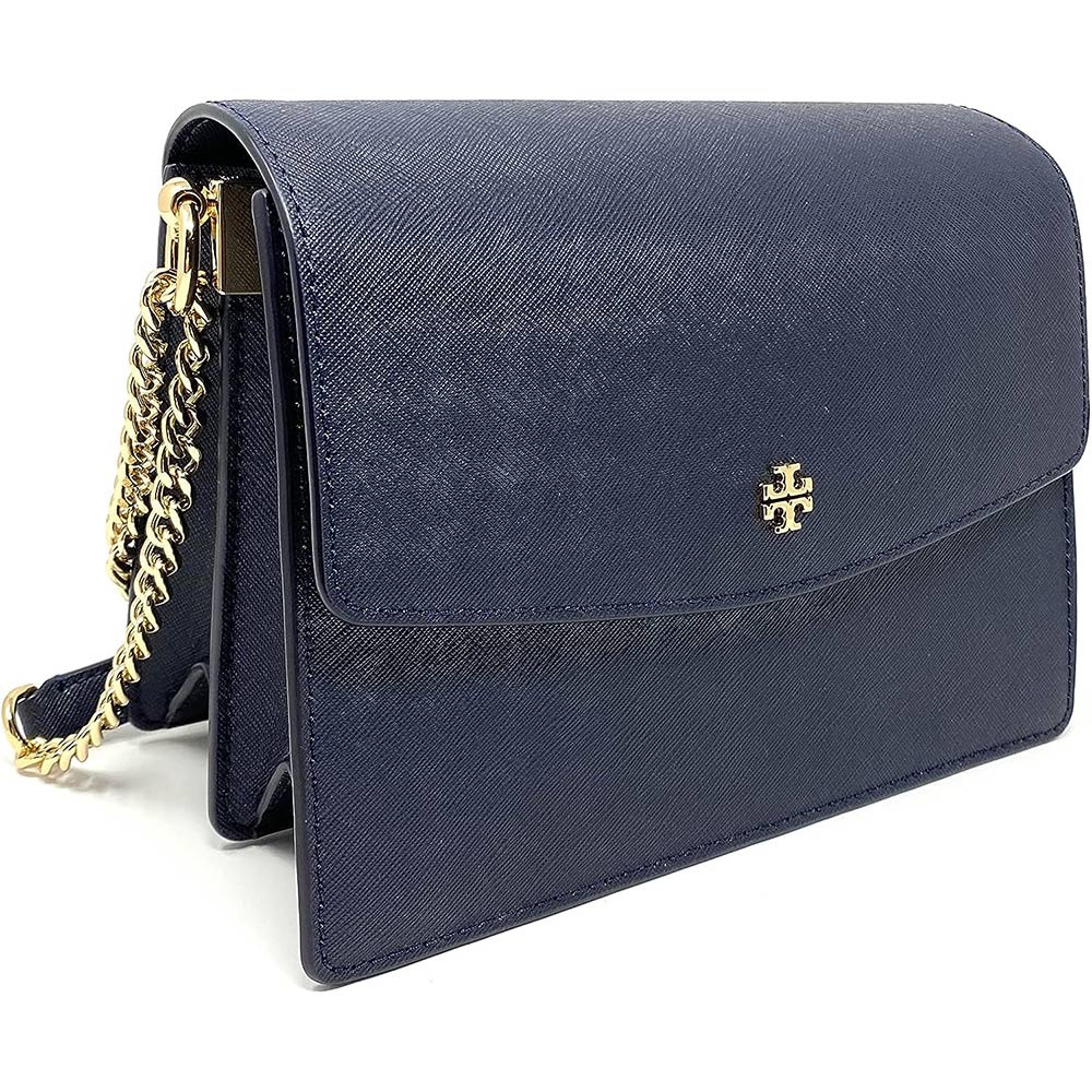 【TORY BURCH】雙T-LOGO防刮皮革翻蓋斜背包-深藍-細節圖2