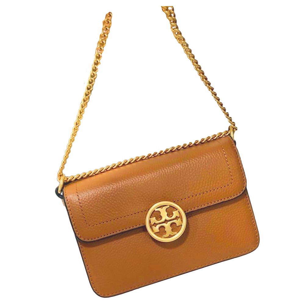 【TORY BURCH】翻蓋皮革斜背鍊包-焦糖-細節圖2