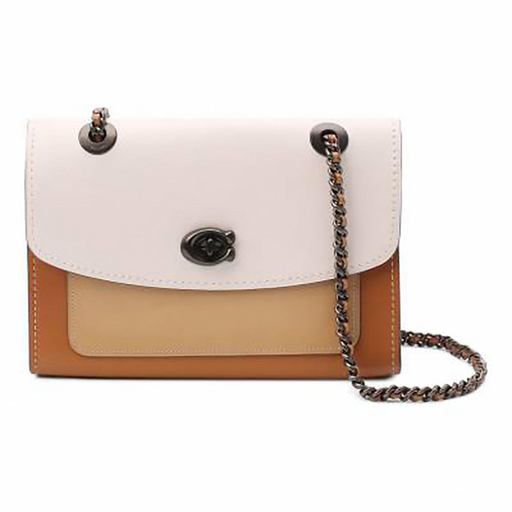 【COACH】拼接皮革翻蓋旋釦斜背包-白駝-細節圖2