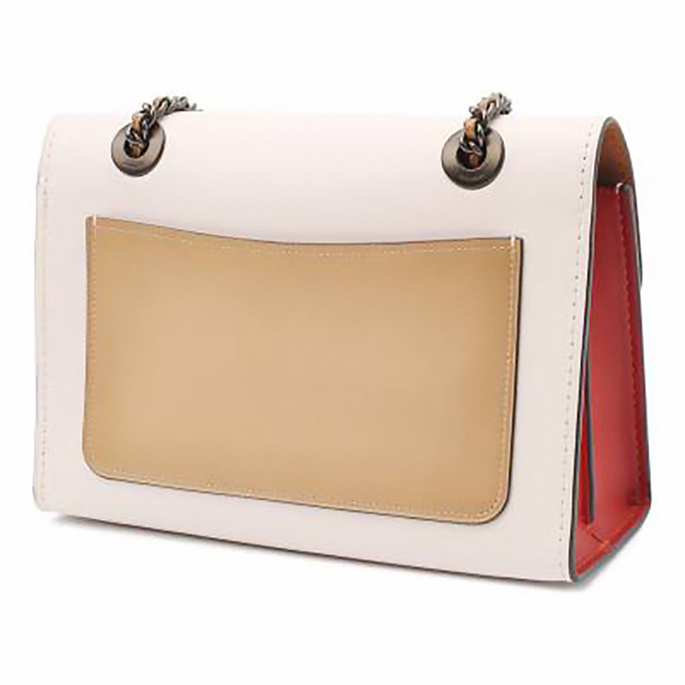 【COACH】拼接皮革翻蓋旋釦斜背包-白駝-細節圖4