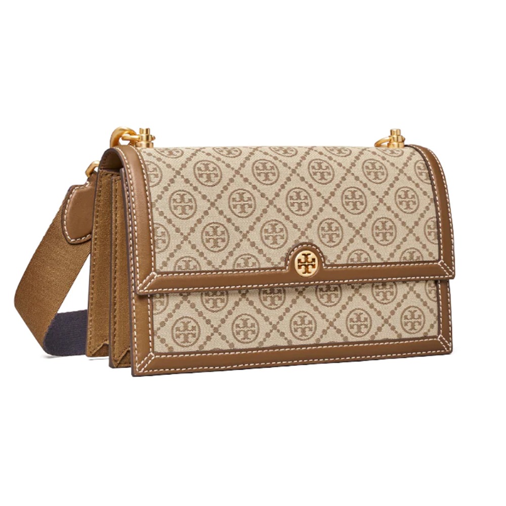 【TORY BURCH】緹花拼接皮革斜背包-卡駝-細節圖2