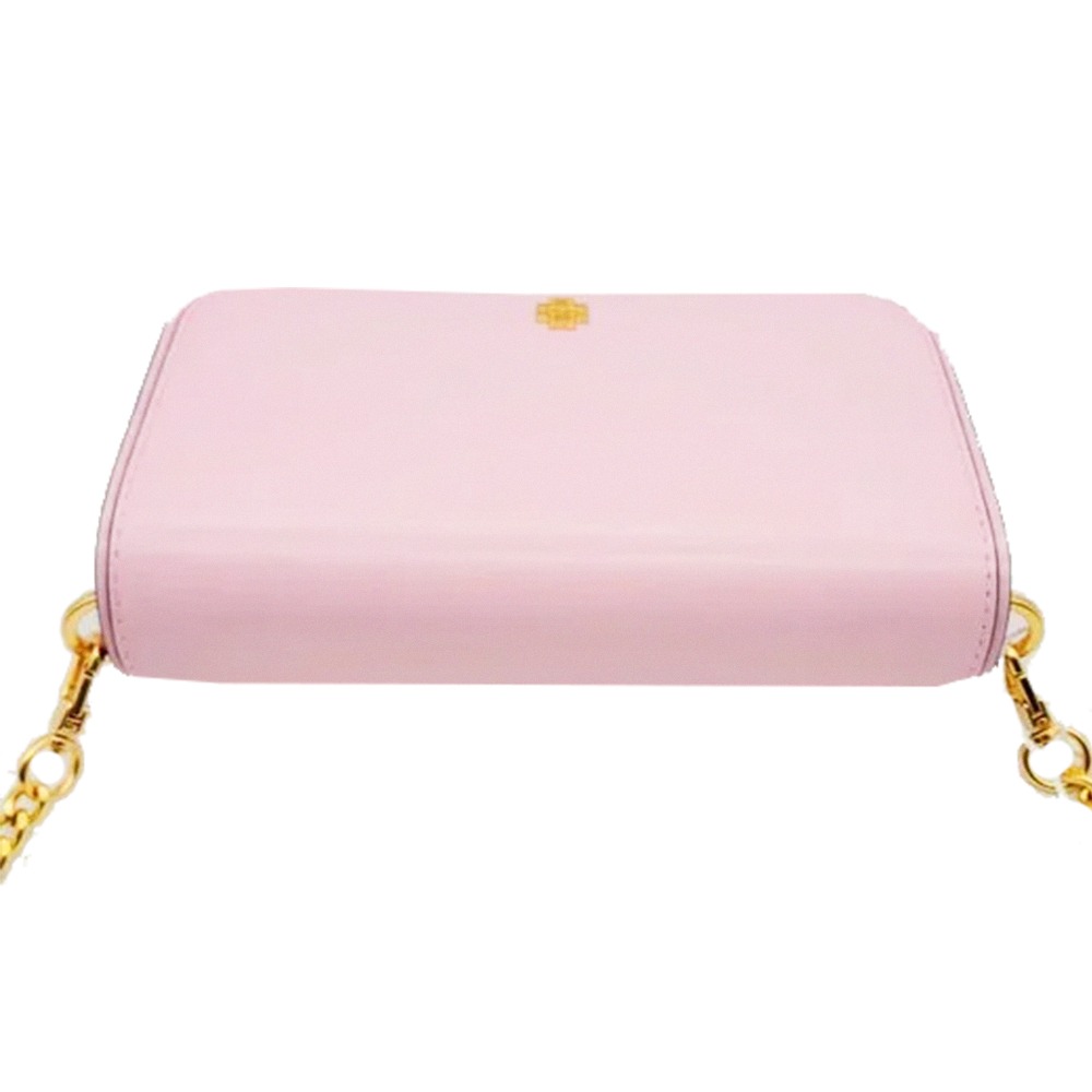 【TORY BURCH】素面皮革翻蓋斜背鏈包-淺粉-細節圖3