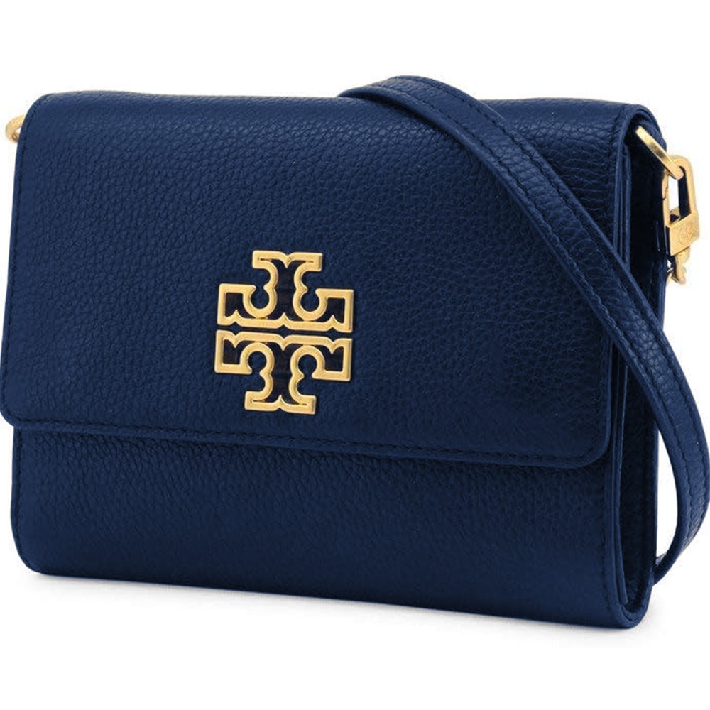 【TORY BURCH】雙T-LOGO翻蓋皮革斜背包-深藍-細節圖2