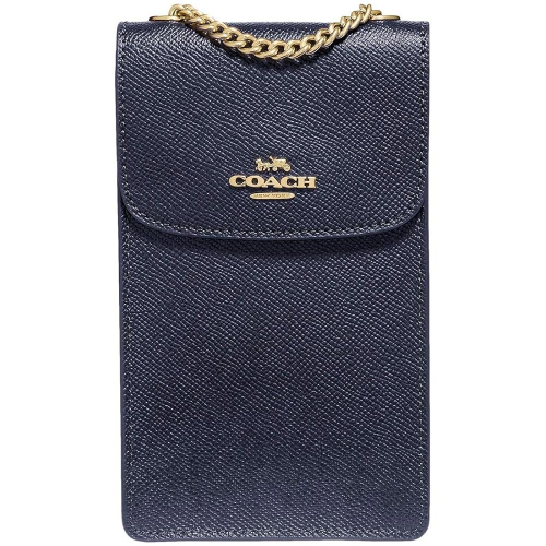 【COACH】素面皮革斜背手機包-深藍