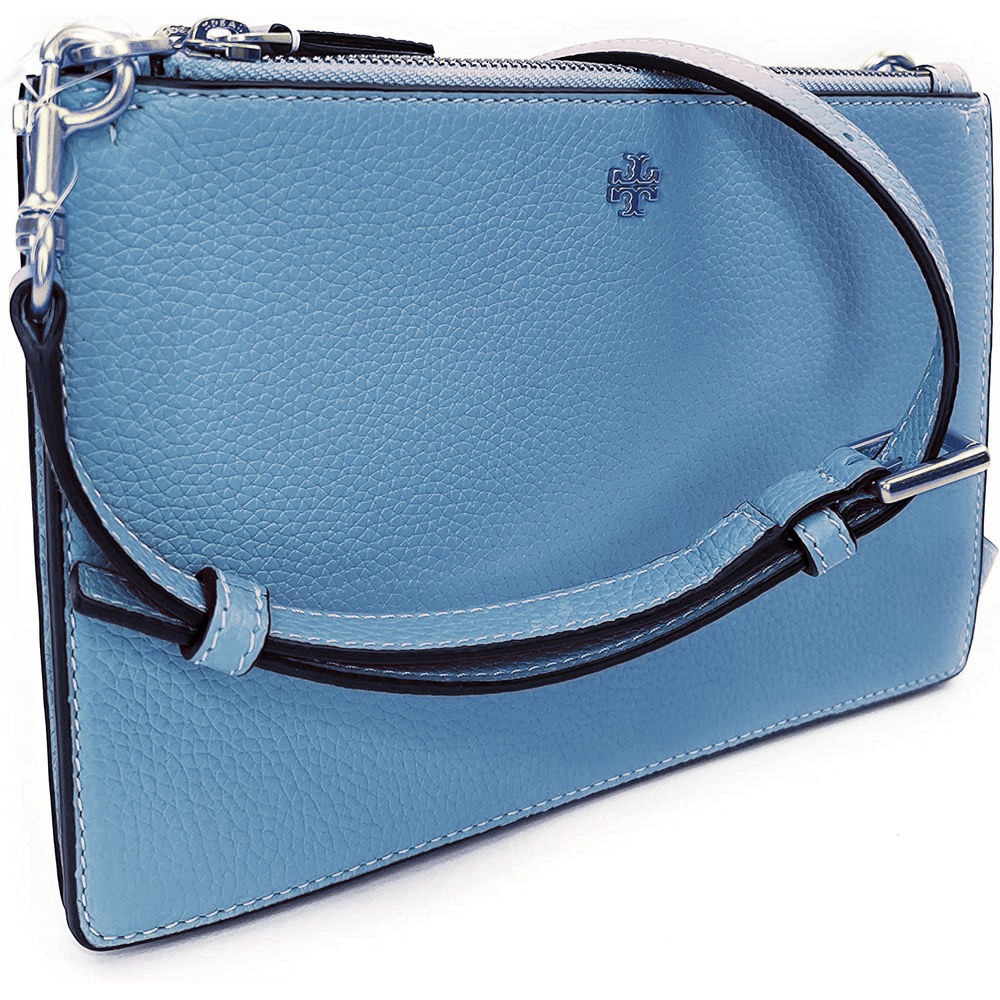 【TORY BURCH】皮革雙層拉鍊斜背包-水藍-細節圖3