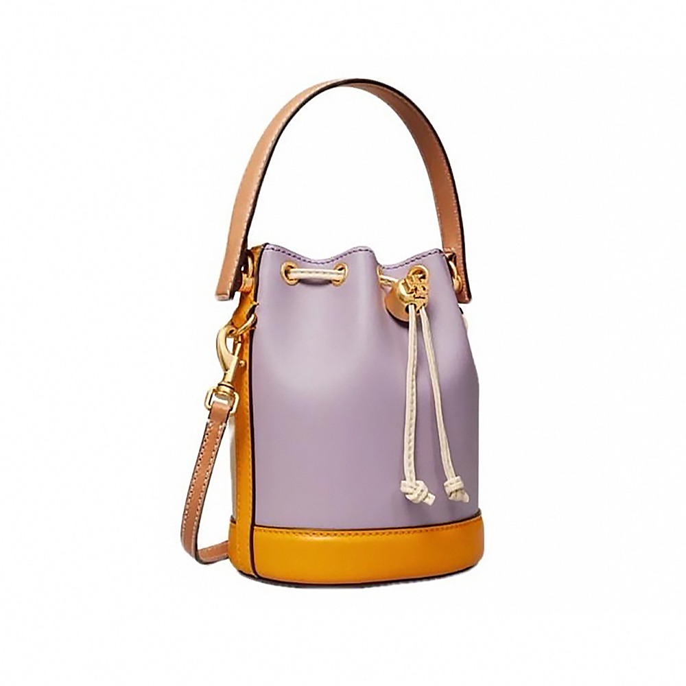 【TORY BURCH】撞色拼接皮革水桶包-紫色-細節圖2