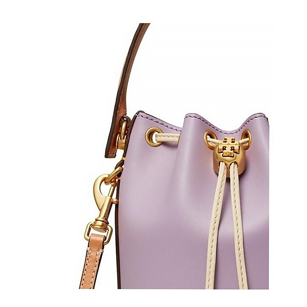 【TORY BURCH】撞色拼接皮革水桶包-紫色-細節圖3