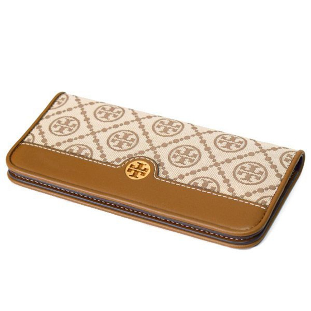 【Tory Burch】雙T-LOGO提花拼接皮革拉鍊長夾-卡其駝-細節圖3