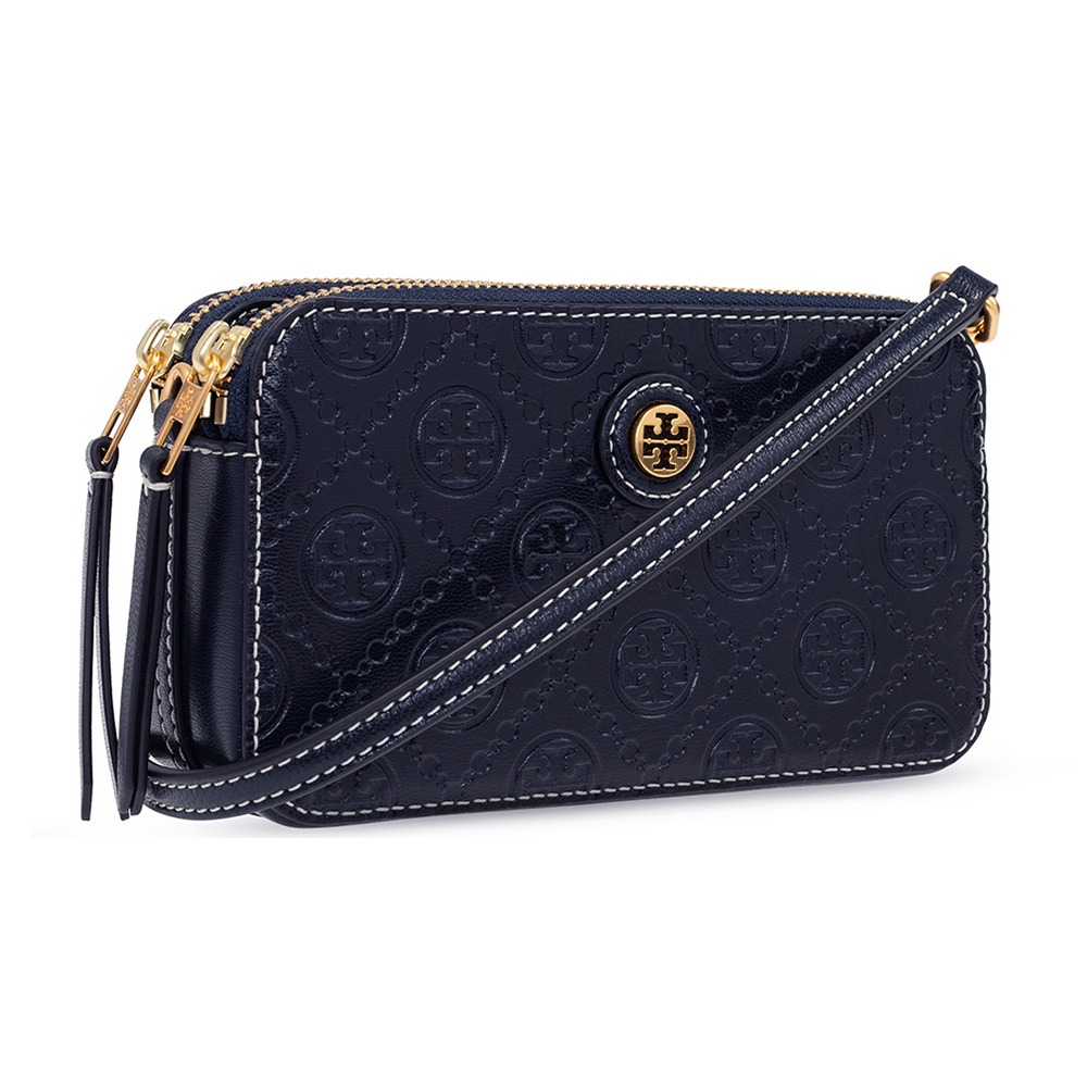 【Tory Burch】滿版LOGO雙拉鏈皮革斜背包-午夜藍-細節圖2