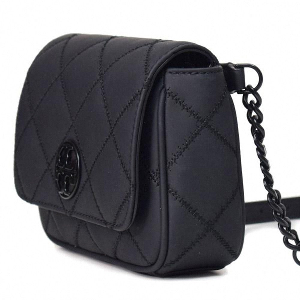 【Tory Burch】格菱紋皮革翻蓋斜背包-霧黑-細節圖2