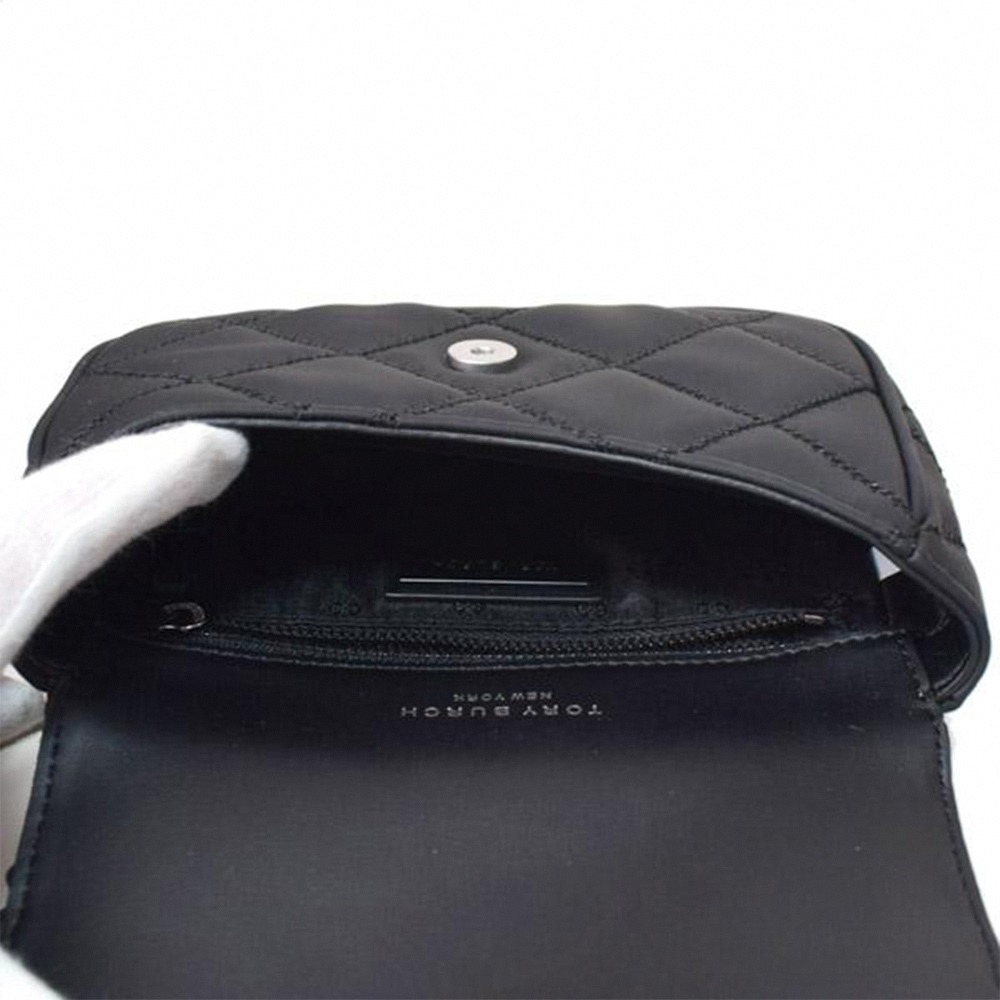 【Tory Burch】格菱紋皮革翻蓋斜背包-霧黑-細節圖4