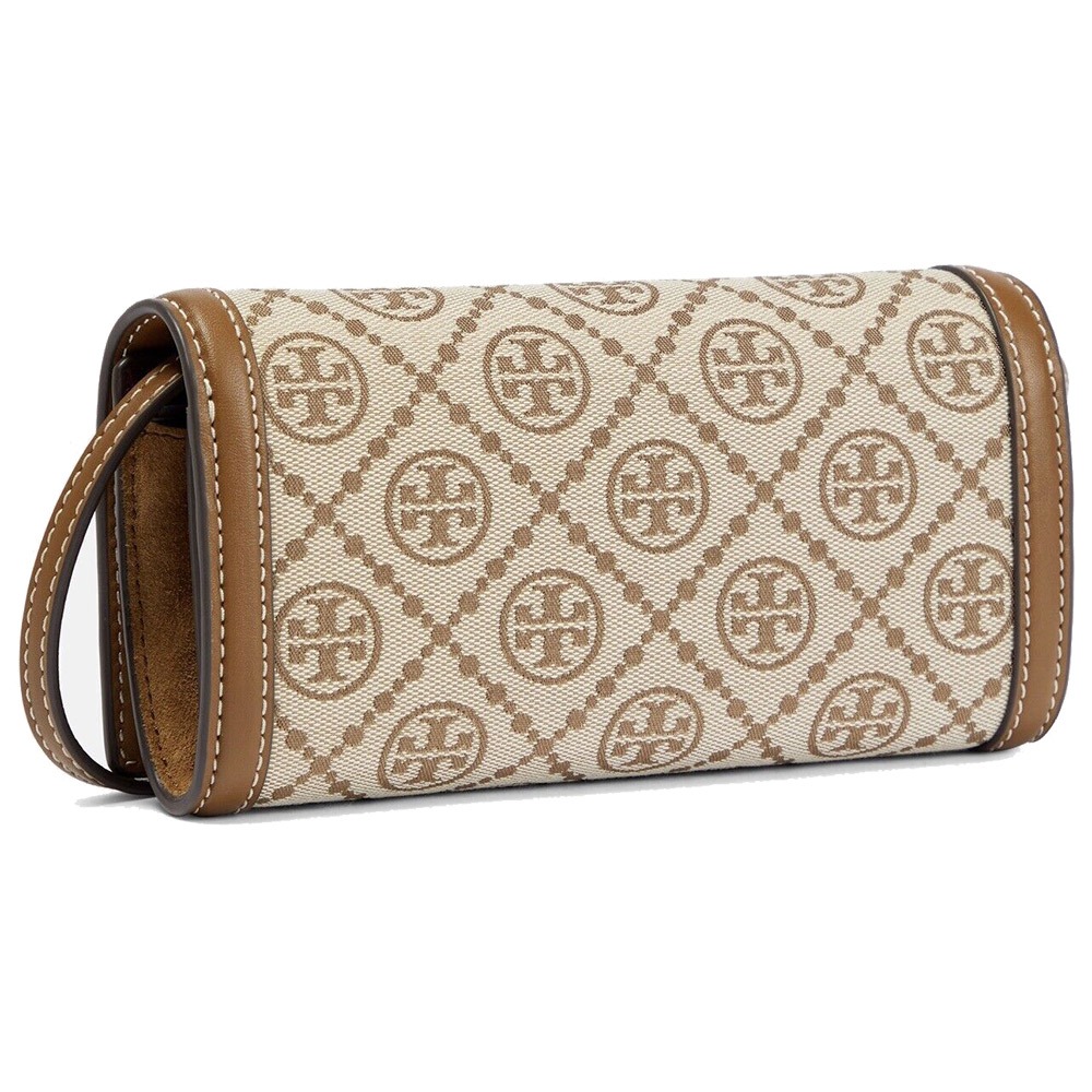 【Tory burch】緹花拼接皮革翻蓋斜背包-卡其-細節圖2