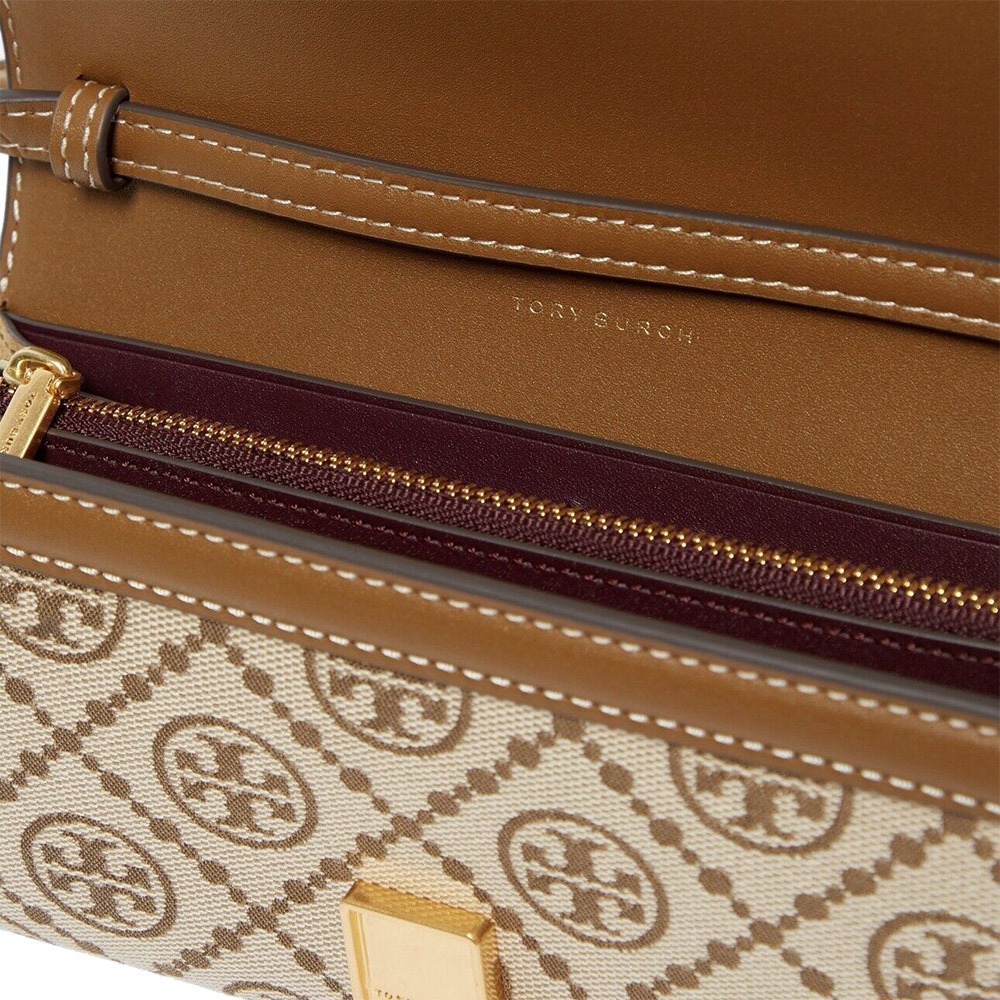 【Tory burch】緹花拼接皮革翻蓋斜背包-卡其-細節圖3