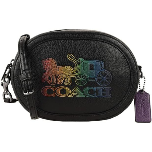 【COACH】馬車LOGO皮革半圓型斜背包-黑底彩色馬車