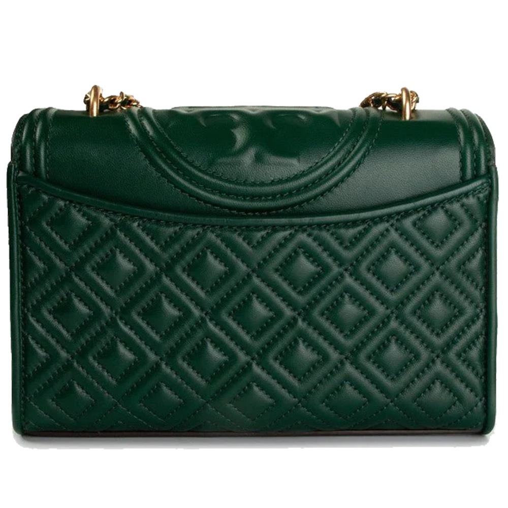 【Tory burch】格紋皮革翻蓋斜背包-深綠-細節圖3