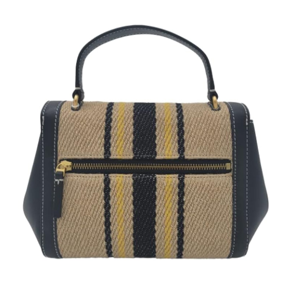 【Tory burch】拼接皮革條紋翻蓋斜背竹籐包-黑邊-細節圖2